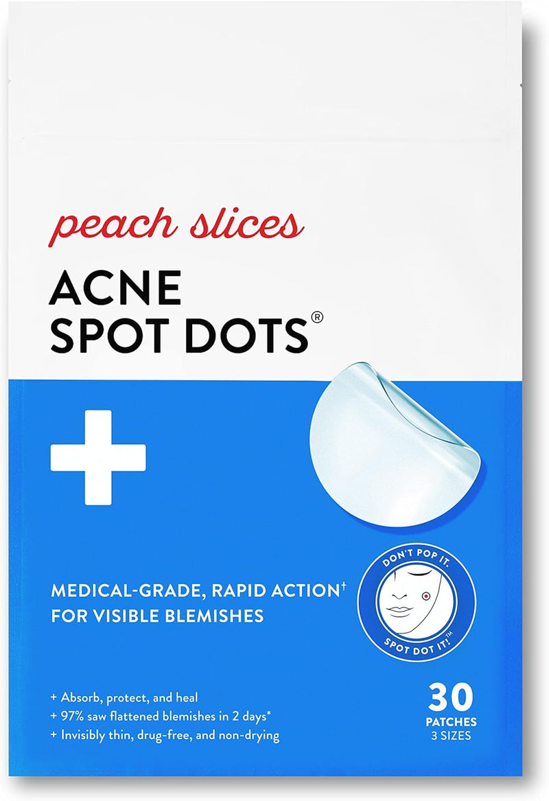 Peach Slices Acne Spot Dots | Clear Hydrocolloid Acne Pimple Patch For Zits And Breakouts | Treats, Drains, And Shrinks Blemishes | Vegan And Cruelty-Free | Three Sizes 7mm, 10mm, 12mm (30 Count)
