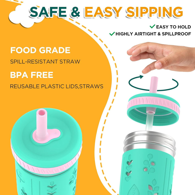 Tronco 14oz Insulated Stainless Steel Kids Travel Cup - BPA-Free Toddler Tumbler with Splash-Proof Flexible Straw, Ergonomic Handle & Splash Guard Lid for Car/Outdoor Use, Easy to Clean