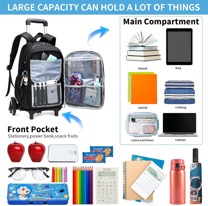 Pomefar Trolley School Bag for Boys, Rolling School Backpack With 6 Wheelsï¼Œ Side-Opening Waterproof School Bag For 15.6inch Laptop, School and Travel