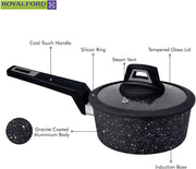 Royalford Chef Art Aluminium Cookware Set, 7 Pieces, Black, RF9557, Scratch Resistant, Tempered Glass Lids, 2.5MM Body Thickness, Bakelite Knobs, and CD Bottom