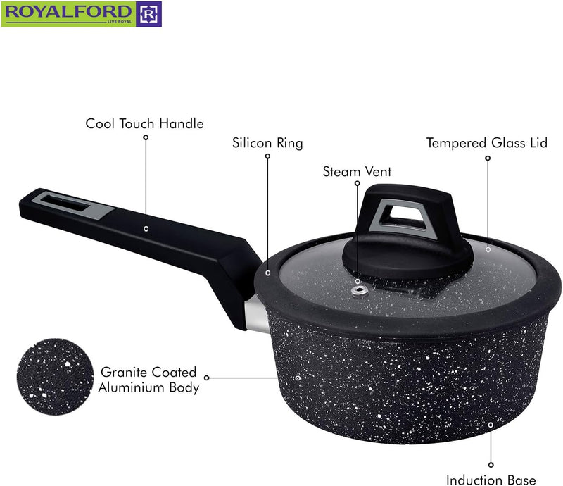 Royalford Chef Art Aluminium Cookware Set, 7 Pieces, Black, RF9557, Scratch Resistant, Tempered Glass Lids, 2.5MM Body Thickness, Bakelite Knobs, and CD Bottom