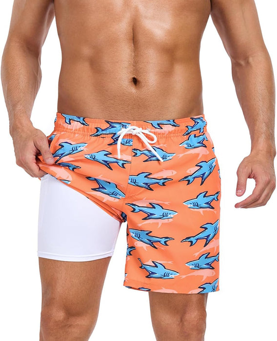 Mens Swim Trunks with Compression Liner 2 in 1 Quick Dry Beach Swimming Trunks Swim Shorts with Zipper Pockets