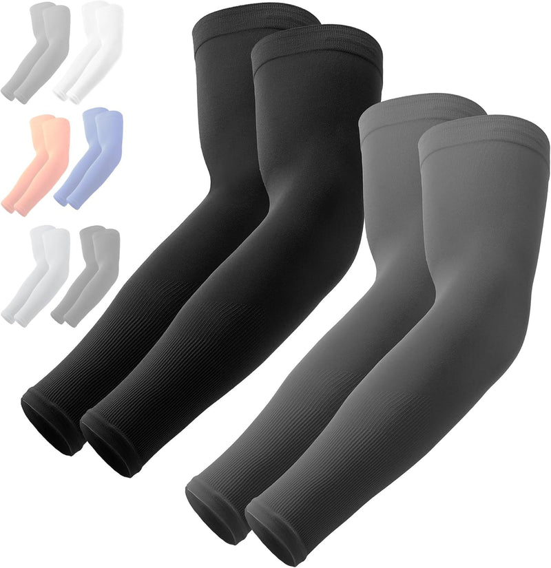 OutdoorEssentials UV Sun Protection Arm Sleeves - Compression Arm Sleeve, UV Arm Sleeves Men, Women - Golf Cooling Sleeves - 2 Pairs: 1 Pair Black, 1 Pair Dark Gray