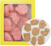 8pcs Christmas Cookie Cutters Set with DIY 3D Stamper Gingerbread Man, Snowflake, Snowman, Christmas Tree & Reindeer Shapes Biscuit Baking Mold for Kids for Christmas(Pink A) - Pink B