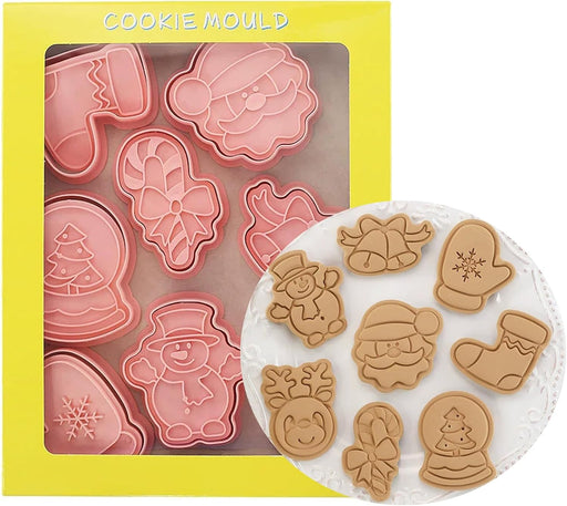 8pcs Christmas Cookie Cutters Set with DIY 3D Stamper Gingerbread Man, Snowflake, Snowman, Christmas Tree & Reindeer Shapes Biscuit Baking Mold for Kids for Christmas(Pink B) - Pink B