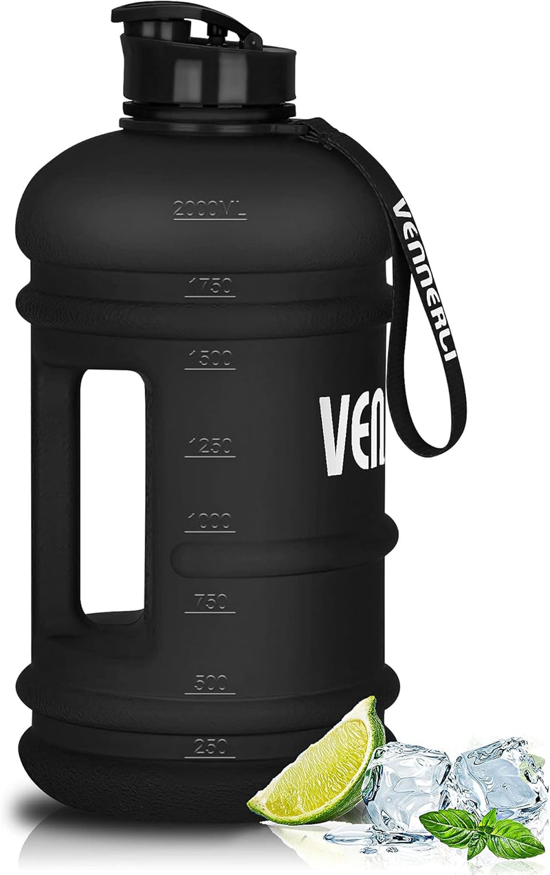Water Bottle with Handle Portable Large Plastic Water Bottles for Adults BPA-free Half Gallon Water Bottle Reusable 2 Liter Water Jugs for Outdoor Hiking Fitness Travel Camping Cycling - Matte Black