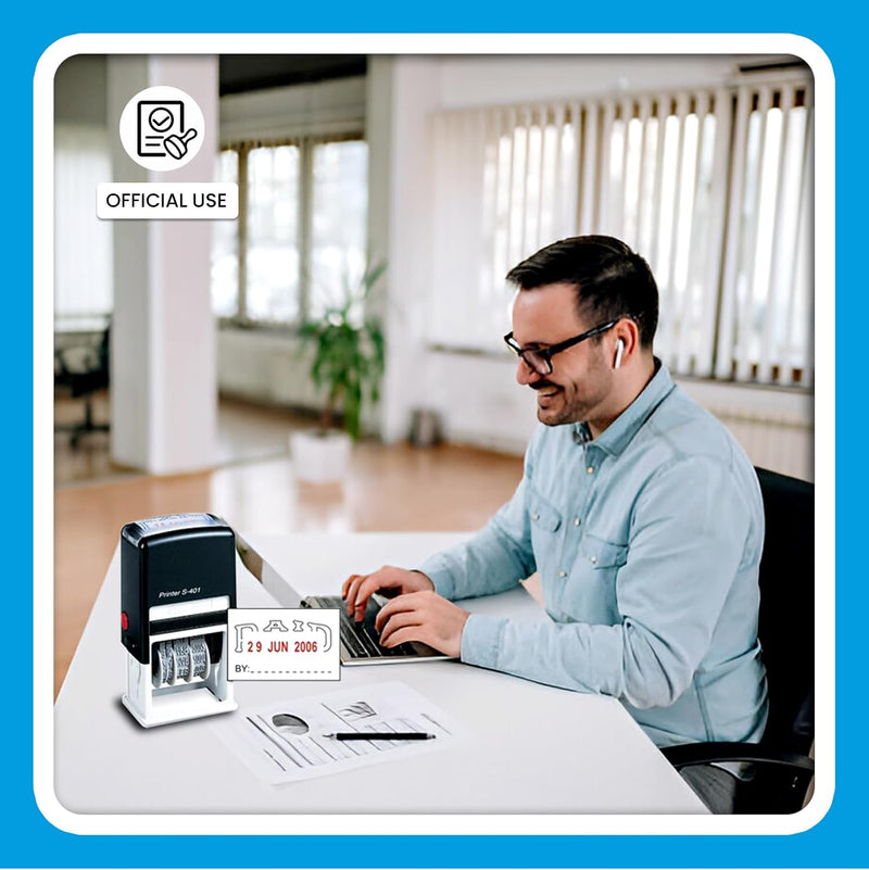 MARKQ Paid Stamp with Date, Self Inking Stamp for Office Business Supplies, Red Ink Date and Blue Text