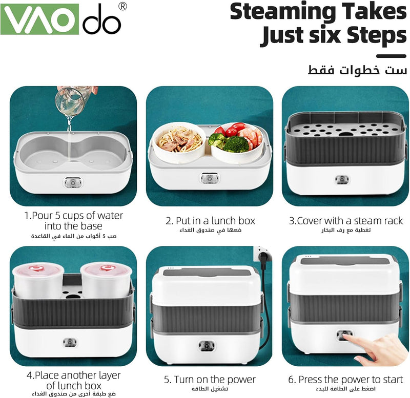 VAODO Electric Lunch Box Food Heater, 3 Layers 2L Portable Electric Heated Insulated Lunch Box, Multifunctional Food Warmer Container, Steam Cooker with Rice Set, with Egg Holder, Black