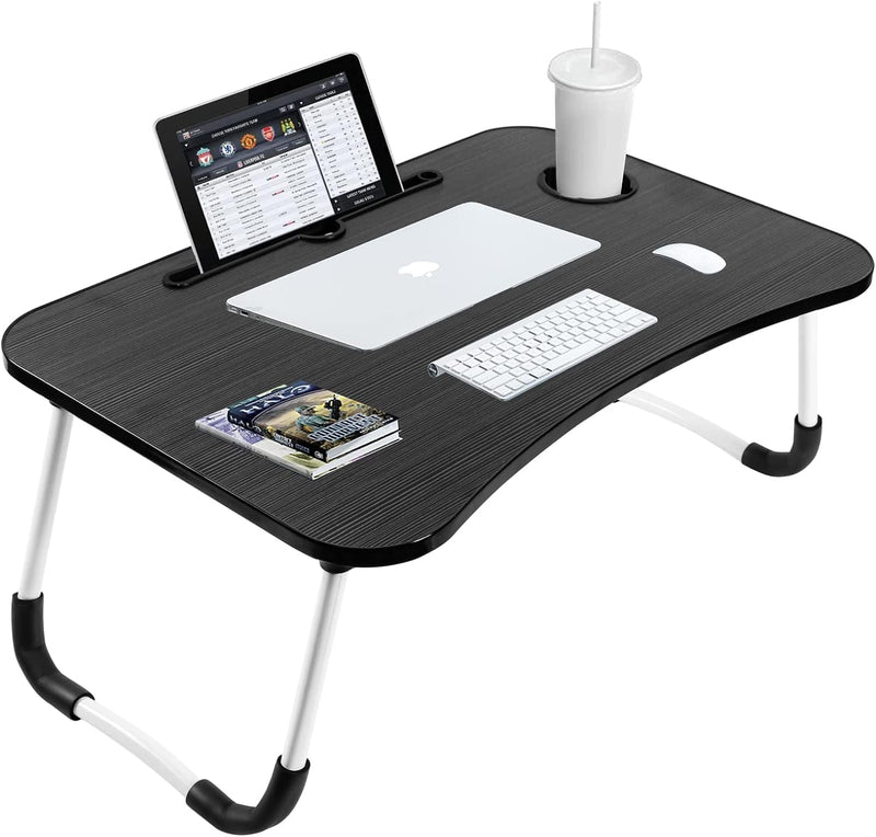 Sky-Touch Portable Folding bed Table, Laptop Desk With ipad and Cup Holder Adjustable Lap Tray Notebook Stand,Foldable Non-slip Legs Reading Table Tray for working,studing,camping 604028cm Beige - Black-new