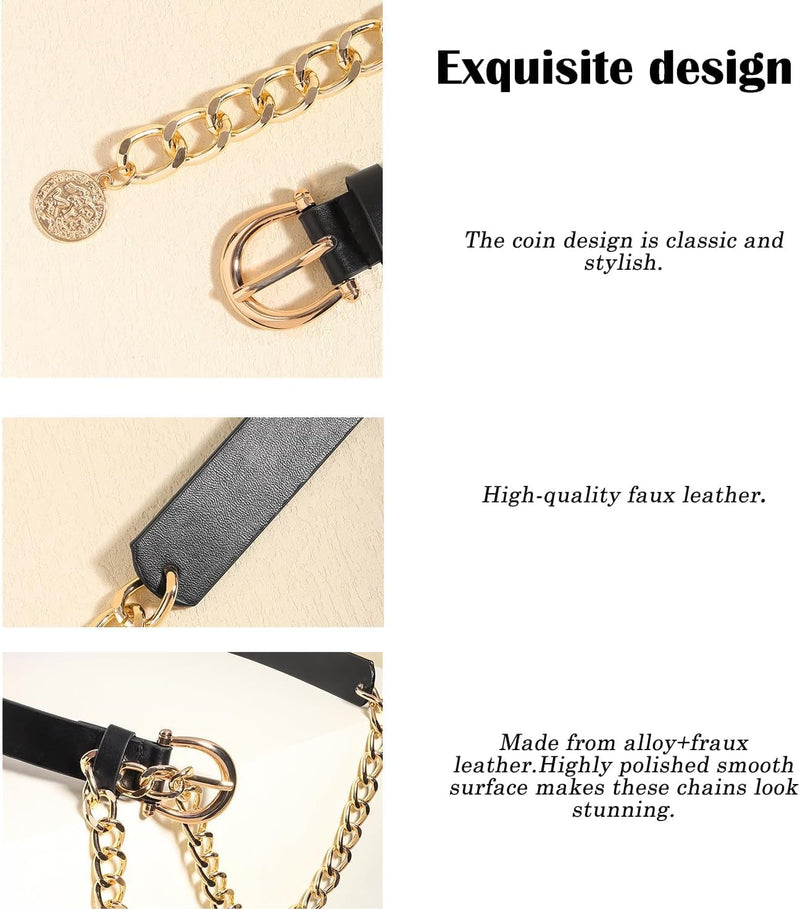 Womens Metal Waist Chain Belt Adjustable Multilayer Link Belt for Jeans & Dresses Gold Chain Belt with Coin Design Fashion Waist Belt for Casual & Evening Wear