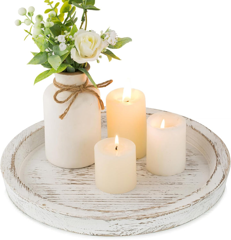 Hanobe Candle Plate Holder Tray: Round Wooden Decorative Candle Plate Small Farmhouse Table Centerpiece Rustic Wood Tealight Pillar Trays for Christmas Wedding Halloween Home Decor