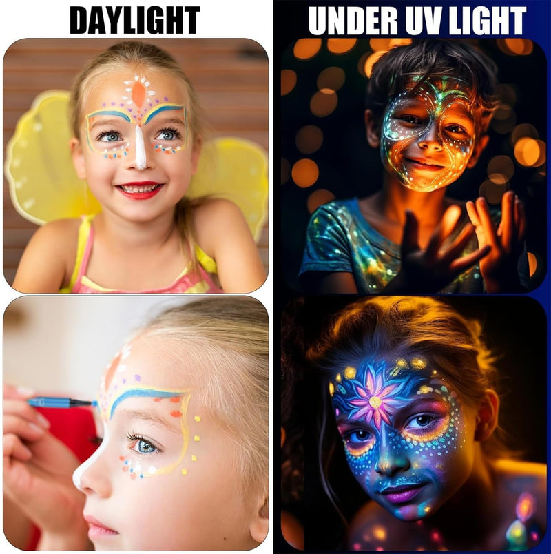 Glow in the Dark Face Paint Pen 12PCS, UV Neon Body Painting Kit for Kids & Adults, Waterproof Smudge-Proof Skin Marker Pens for Halloween Makeup, Tattoo, Festival & Party Eye Body Art