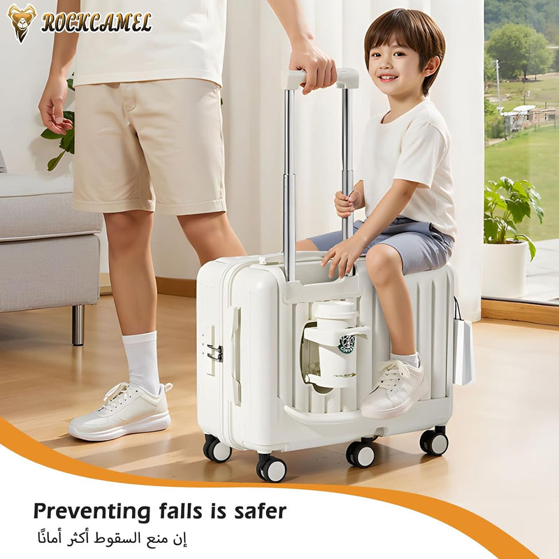 Kids Ride-On Suitcase, 20 Inch ABS Hard Shell Carry-On Case with Cup Holder & Side Hook & Phone Holder, 6 360 Silent Wheels, Build-in Password Lock, Fun Trunk Case for Air Travel, White