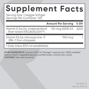 Vitamin D3 + K2 w/Coconut Oil - Vegan Vitamin D 5000iu & Mk7 Vitamin K 100mcg for Bone & Immune Support - Vegan Certified Non-GMO Soy Free - 120 Softgels