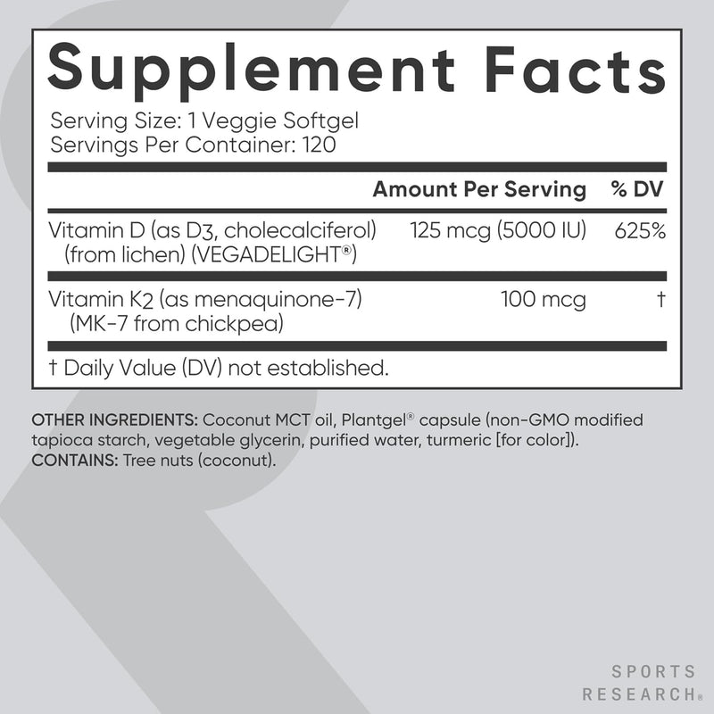 Vitamin D3 + K2 w/Coconut Oil - Vegan Vitamin D 5000iu & Mk7 Vitamin K 100mcg for Bone & Immune Support - Vegan Certified Non-GMO Soy Free - 120 Softgels