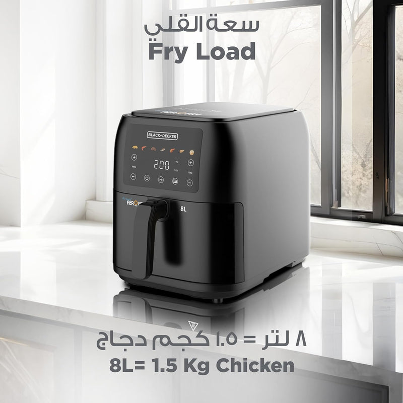 BLACK+DECKER Digital Air Fryer, 1700W, 8L Family-Sized Capacity, 7 Preset Functions, Rapid Air Convection for Healthy Frying, Adjustable Temperature 80-200C, Easy Clean, Black - SAF80-B5 - 8L SLIM