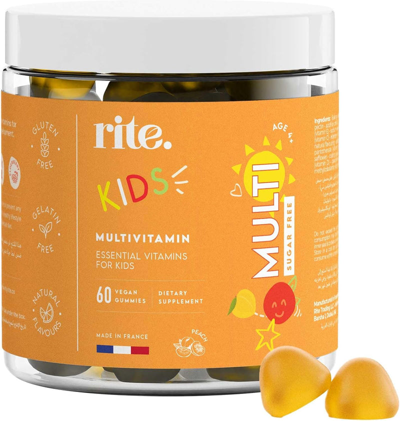 KIDS Sugar-free Vitamin Gummies High dose of Multivitamins: B-Vitamins C and D, Elderberry extract Supports childs growth & immunity Suitable for Kids (age 4+) 60 Vegan Gummies Peach flavor