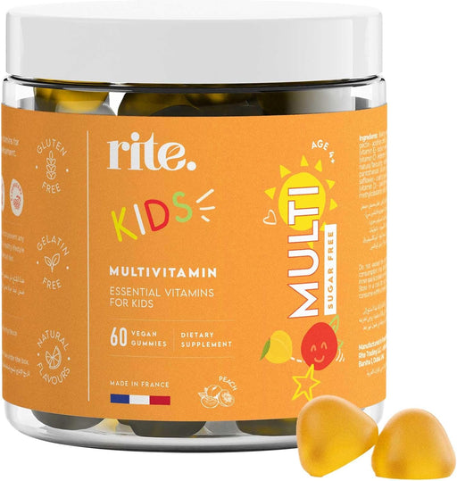 KIDS Sugar-free Vitamin Gummies High dose of Multivitamins: B-Vitamins C and D, Elderberry extract Supports childs growth & immunity Suitable for Kids (age 4+) 60 Vegan Gummies Peach flavor