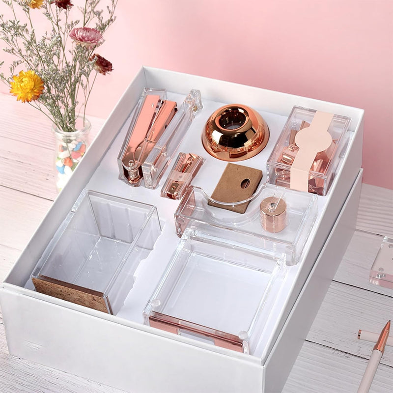 THE WHITE SHOP Acrylic Stapler, Rose Gold Desk Accessories, Office Supplies Set Acrylic Stapler, Set Staple Remover, Tape Holder, Pen Holder