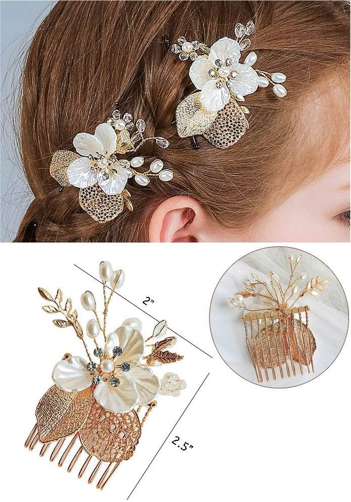 Wedding Flower Girl Hair Pins Bride Pearl Hair Piece Crystals Hair Clips Bridal Hair Accessories for Women and Girls Pack of 2 (Gold)