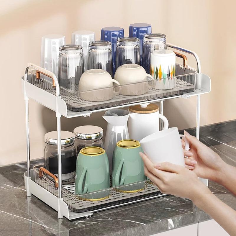 KASTWAVE Mugs Drying Rack with Drain Tray Water Cup Drying Rack Coffee Cup Storage Shelf Cups and Mugs Storage Organizer for Desktop and Countertop Decor White