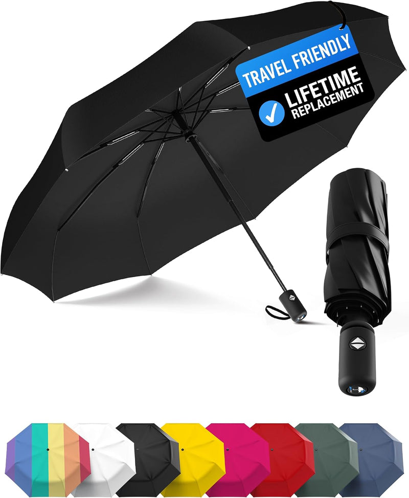 Compact Travel Umbrella - Pocket Portable Folding Windproof Mini Umbrella - Auto Open and Close Button and 9 Rib Reinforced Canopy - Black