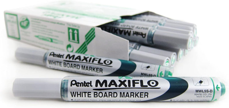 Pentel Maxiflo Whiteboard Marker, Fine bullet point, Red ink, (Pack of 12)