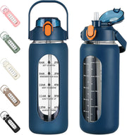 64oz Glass Water Bottles with Straw, Half Gallon Motivational Glass Bottle with Silicone Sleeve and Time Marker, 2L Leakproof Large Glass Water Jug for Gym Home Office,Black - 56 Ounces Blue