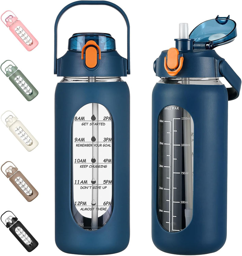 64oz Glass Water Bottles with Straw, Half Gallon Motivational Glass Bottle with Silicone Sleeve and Time Marker, 2L Leakproof Large Glass Water Jug for Gym Home Office,Black - 56 Ounces Blue
