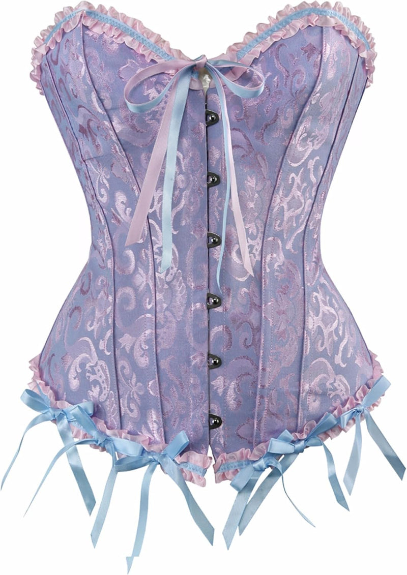 Corsets for Women Renaissance Floral Lace up Boned Overbust Corset Bustier Shapewear - Blue