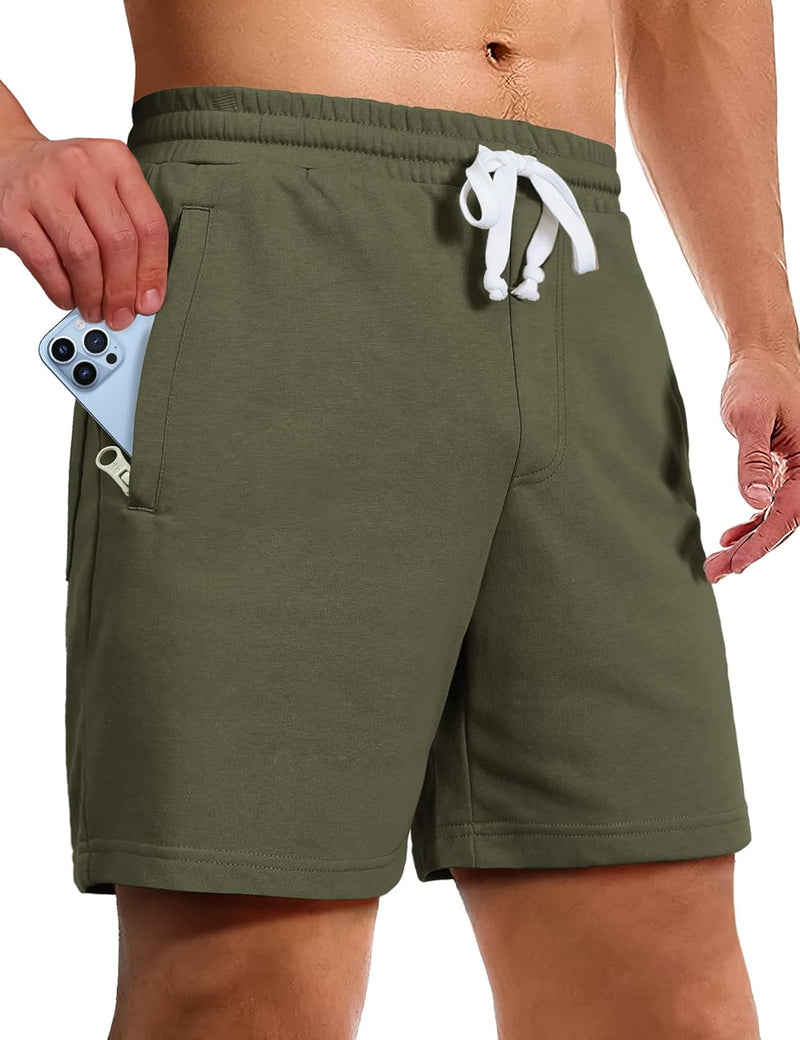 Men's Athletic Gym Shorts with Zipper Pockets 5.5" Elastic Waist Casual Cotton Sweat Short Pants for Pajama Jogger Sport