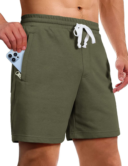 Men's Athletic Gym Shorts with Zipper Pockets 5.5" Elastic Waist Casual Cotton Sweat Short Pants for Pajama Jogger Sport