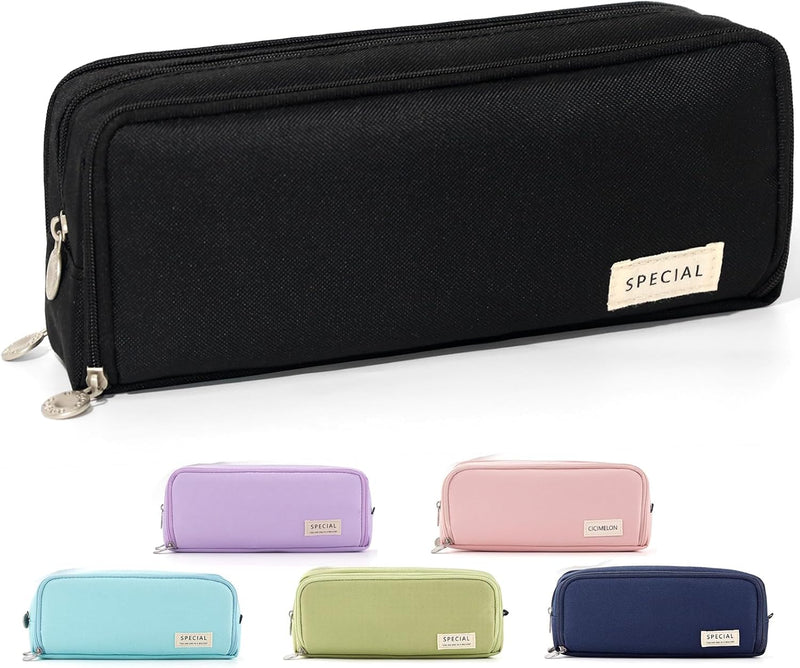 Cicimelon Pencil Case Large Capacity Pouch 3 Compartments Bag Gift For Students Girls Adults Women (Black) - Black