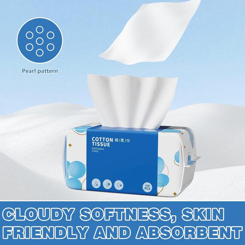 100 Count Disposable Face Towels, Soft Cotton Dry Wipes for Washing, Drying, Cleansing, Skincare & Makeup Removal (7.9" x 7.9", 1 Pack)