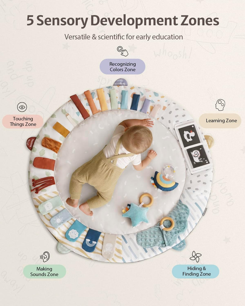 Blissful Diary Baby Play Gym & Mat, 5 Development Zones, Baby Activity Mat, Wooden Mat with 6 Detachable Sensory Toys for Motor Skills and Sensory Development,