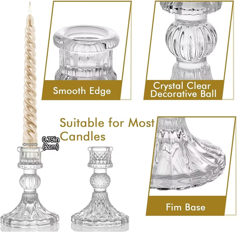 Angju Clear Glass Candlestick Holders,6 pcs Set Include Taper Candle Holders and Stripe Candle Holders,Two Style for Formal Events, Wedding, Festival,Church, Party & Festival Decoration