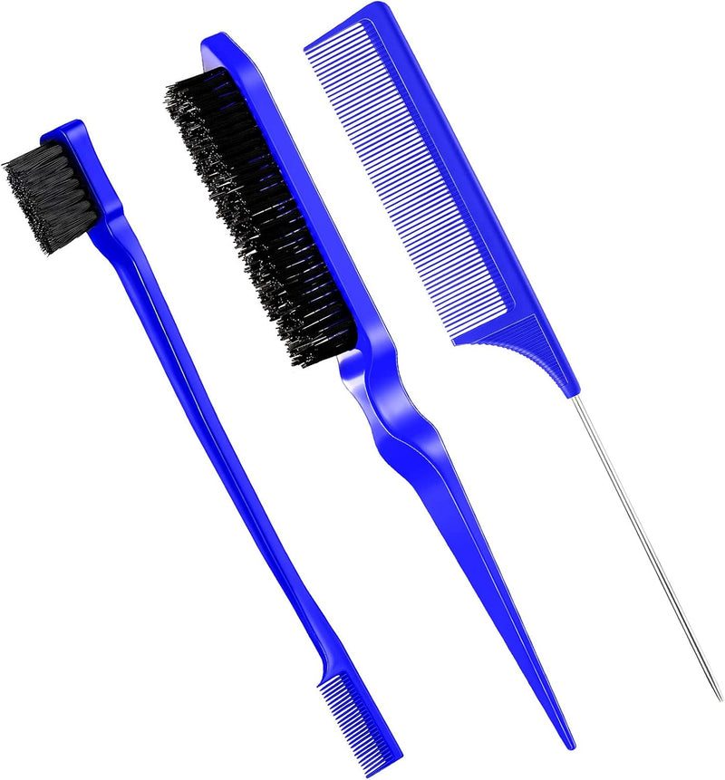 Geiserailie 3 Pcs Slick Back Hair Brush Set Bristle Brush Edge Control Teasing Comb for Women Black Hair(Black)