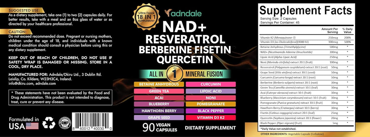 NAD Supplement 300mg & Resveratrol 1000mg Organic. Proprietary Longevity Formula with Liposomal NAD+, Trans Resveratrol, Quercetin, Betaine Anhydrous, Grape Seed, Fisetin. 90 Capsules, 9555mg/Serv. – image 8