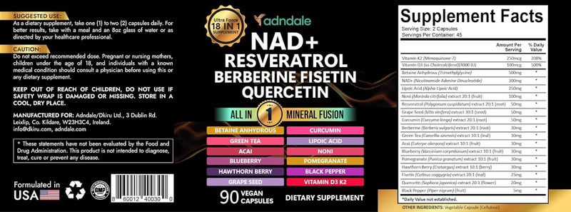 NAD Supplement 300mg & Resveratrol 1000mg Organic. Proprietary Longevity Formula with Liposomal NAD+, Trans Resveratrol, Quercetin, Betaine Anhydrous, Grape Seed, Fisetin. 90 Capsules, 9555mg/Serv.