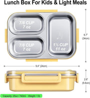 BIGTHREE Stainless Steel Lunch Box for Kids & Adults, Bento Lunch Box, 800-1000ml, 3 Compartment Metal Lunch Container, One-Touch Latch, Leakproof Food Container