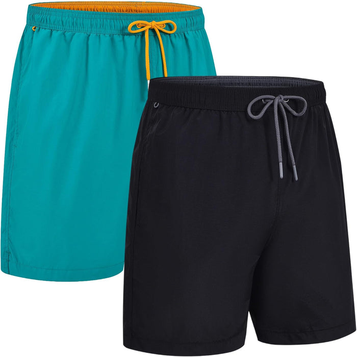 RBYEKP Mens Swimming Trunks 2 Pack Quick Dry Beach Surfing Shorts for Men Elastic Waist Board Short with Mesh Lining(Slim Fit)