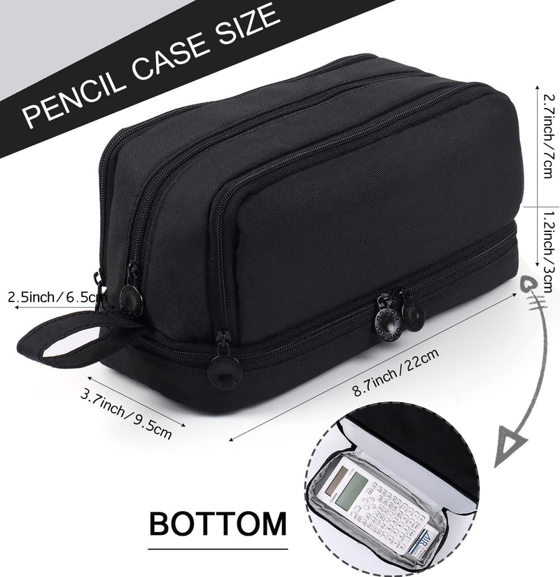Large Capacity Pencil Case with 4 Compartments, Zipper and Handle, Stationery Organiser for School, College, Office, Black