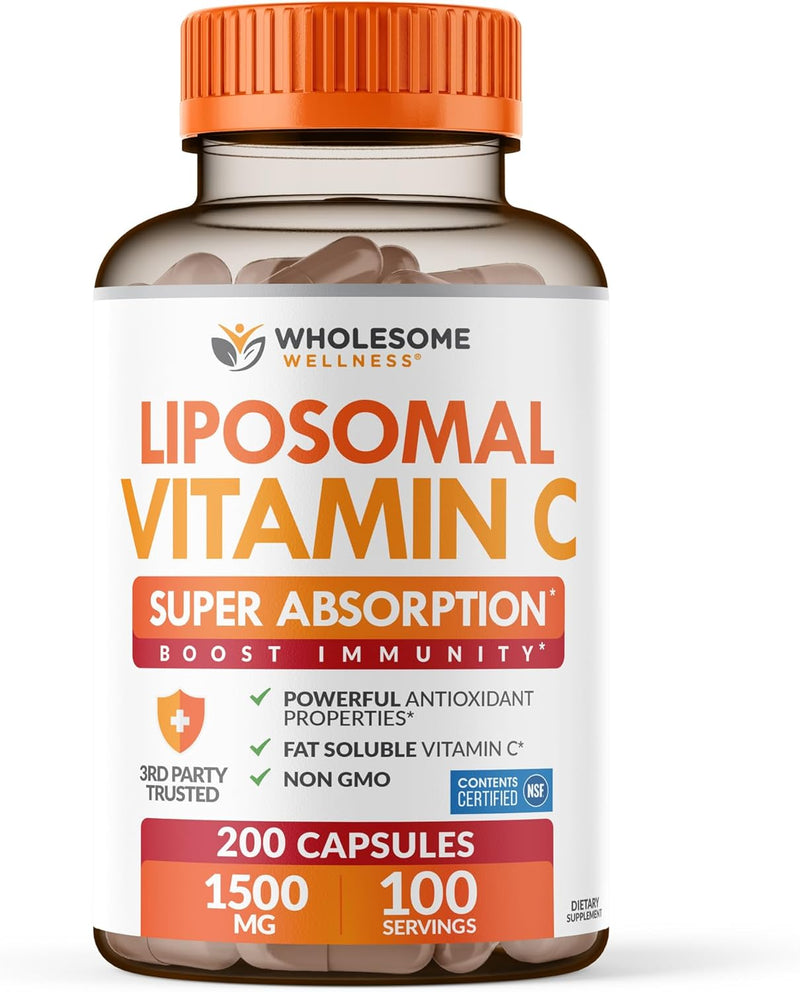 Liposomal Vitamin C Capsules (200 Pills 1500mg Buffered) High Absorption VIT C, Immune System & Collagen Booster, High Dose Fat Soluble Immunity Support Ascorbic Acid Supplement, Natural Vegan