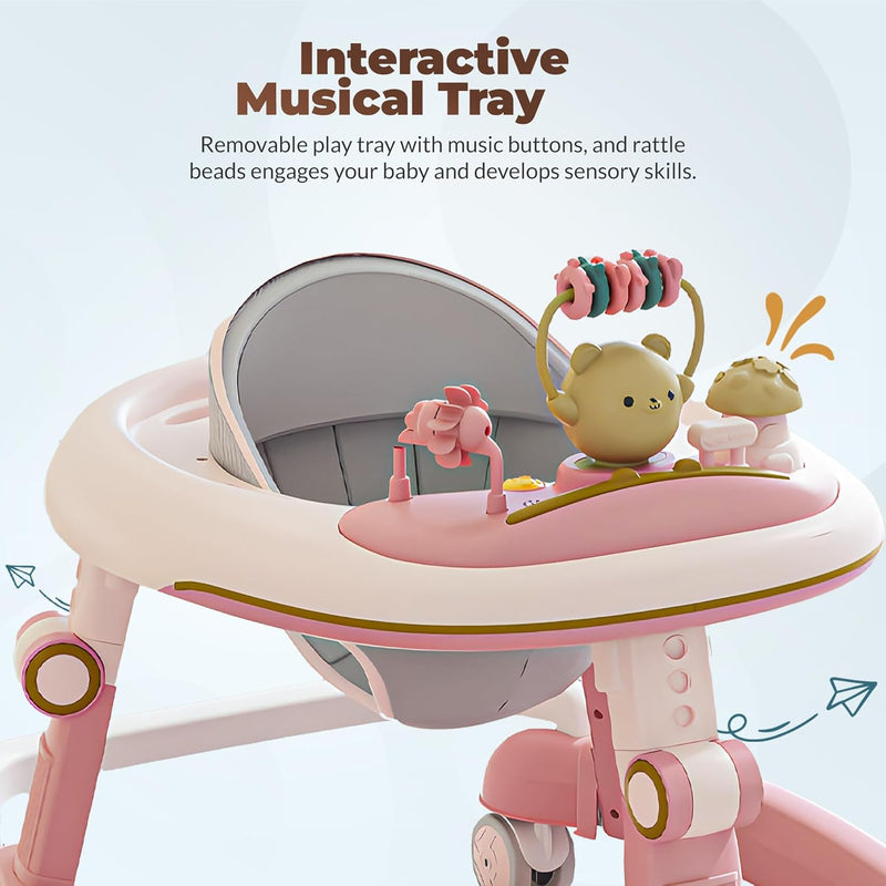 Baybee Petalia 2 in 1 Baby Walker for Kids, Round Kids Walker with 5 Position Adjustable Height | Activity Walker for Baby with Musical Bar, Toddler Activity Walkers for Babies 6-18 Months (Pink)