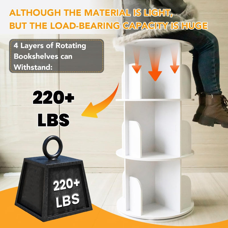 4 Tier Rotating Bookshelf Tower, Spinning Bookshelf, Revolving 360 Bookcase Storage Round Carousel, Vertical Rotate Turning Spiral Corner Organizer, White