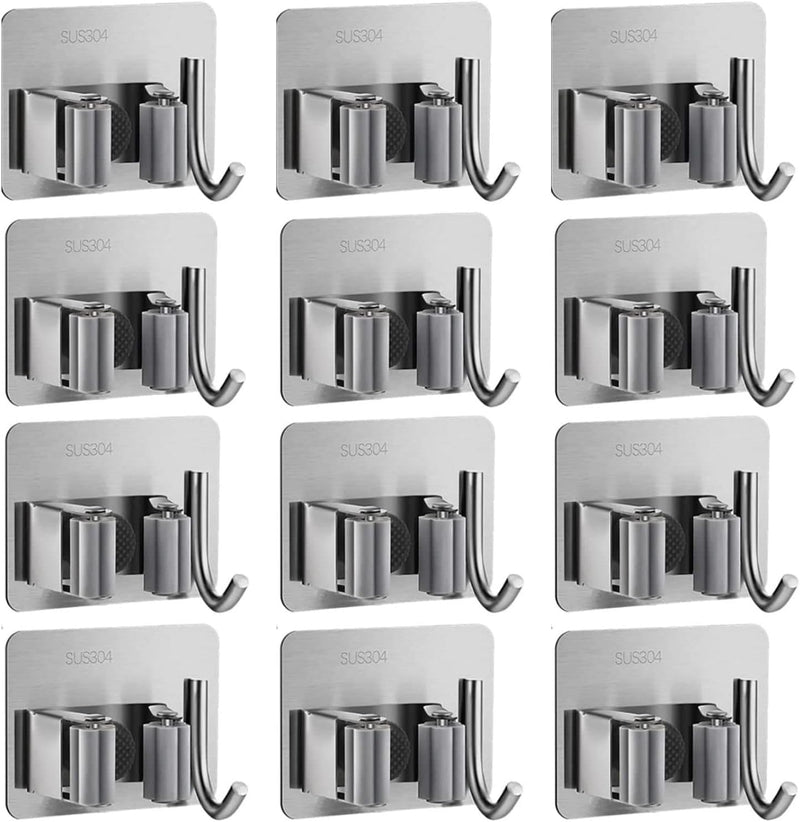 ZALCOON 2 PCS Mop Broom Holder Wall Mount - Mop Holder Self Adhesive No Drilling Super Anti-Slip Broom Holder for Home Garage Garden Laundry Room, kitchen organizer Tools (Mix) - 12 Pieces With Hook