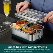 Stainless Steel Lunch Box 2L - Leakproof 2 Layers Bento Box with 3 Compartments, Portable Metal Lunchbox for Adults & Kids, Durable, Eco-Friendly, BPA-Free Food Container for School, Work, Picnic