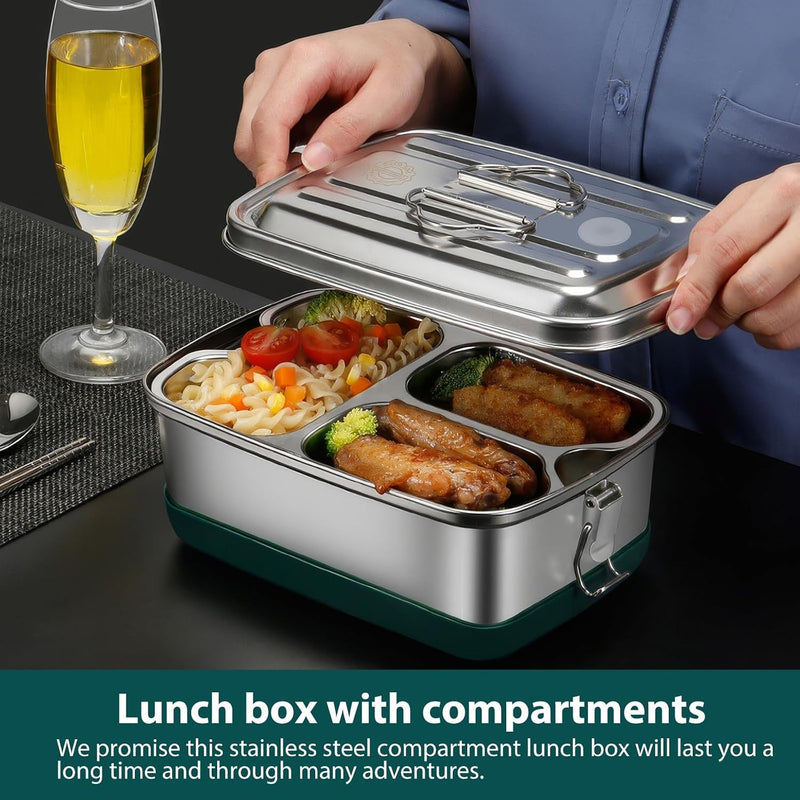 Stainless Steel Lunch Box 2L - Leakproof 2 Layers Bento Box with 3 Compartments, Portable Metal Lunchbox for Adults & Kids, Durable, Eco-Friendly, BPA-Free Food Container for School, Work, Picnic