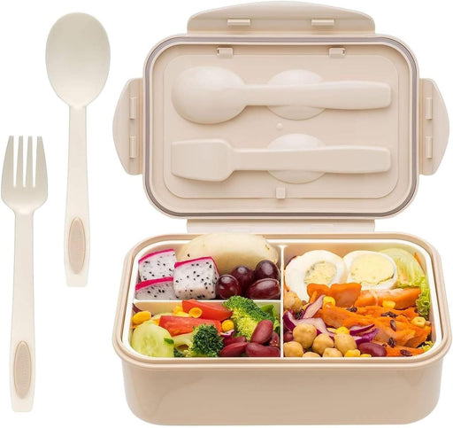 Bento Lunch Box 1300ML For Kids: 4-Compartment BPA-Free Leakproof Containers with Spoon - Microwave Dishwasher Safe - Stackable for Kids 4-16 Years Old In School - Beige
