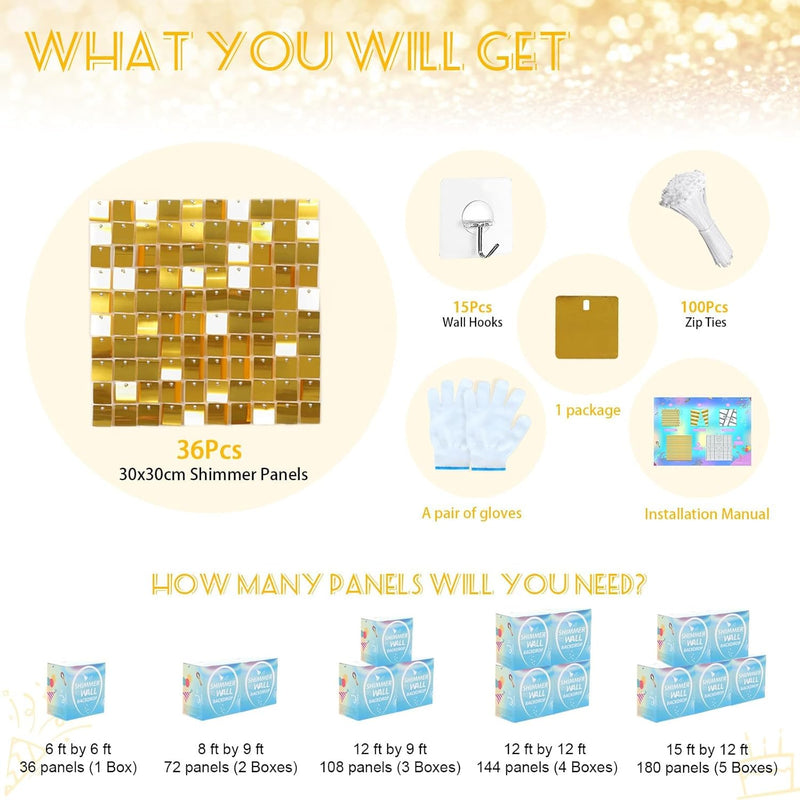 LJIE-House Champagne Shimmer Wall Backdrop Shimmer Panels Sequin Backdrop 36PCS Glitter Party Backdrop for Birthday Wedding Anniversary Engagement Baby Shower & Bachelorette Decorations Party